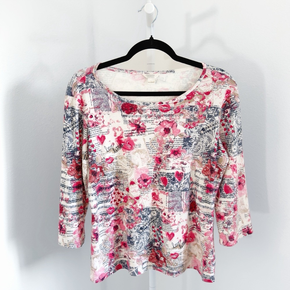 Y2K Christopher & Banks Top Womens Large Red Roses Queen of Hearts 3/4 Sleeve